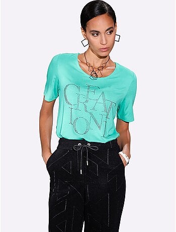 T shirt col rond manches courtes viscose ecovero et pierres brillantes - Taille standard - Helline