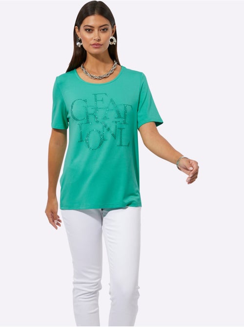 T shirt col rond manches courtes viscose ecovero et pierres brillantes - Taille standard - Helline - Kiabi T shirt col rond manches courtes viscose ecovero et pierres brillantes - Taille standard - Helline - Kiabi