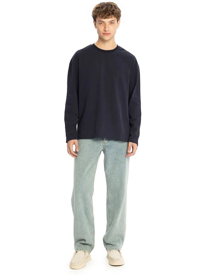 T-shirt col rond manches longues en coton giesto Bleu marine - Kiabi