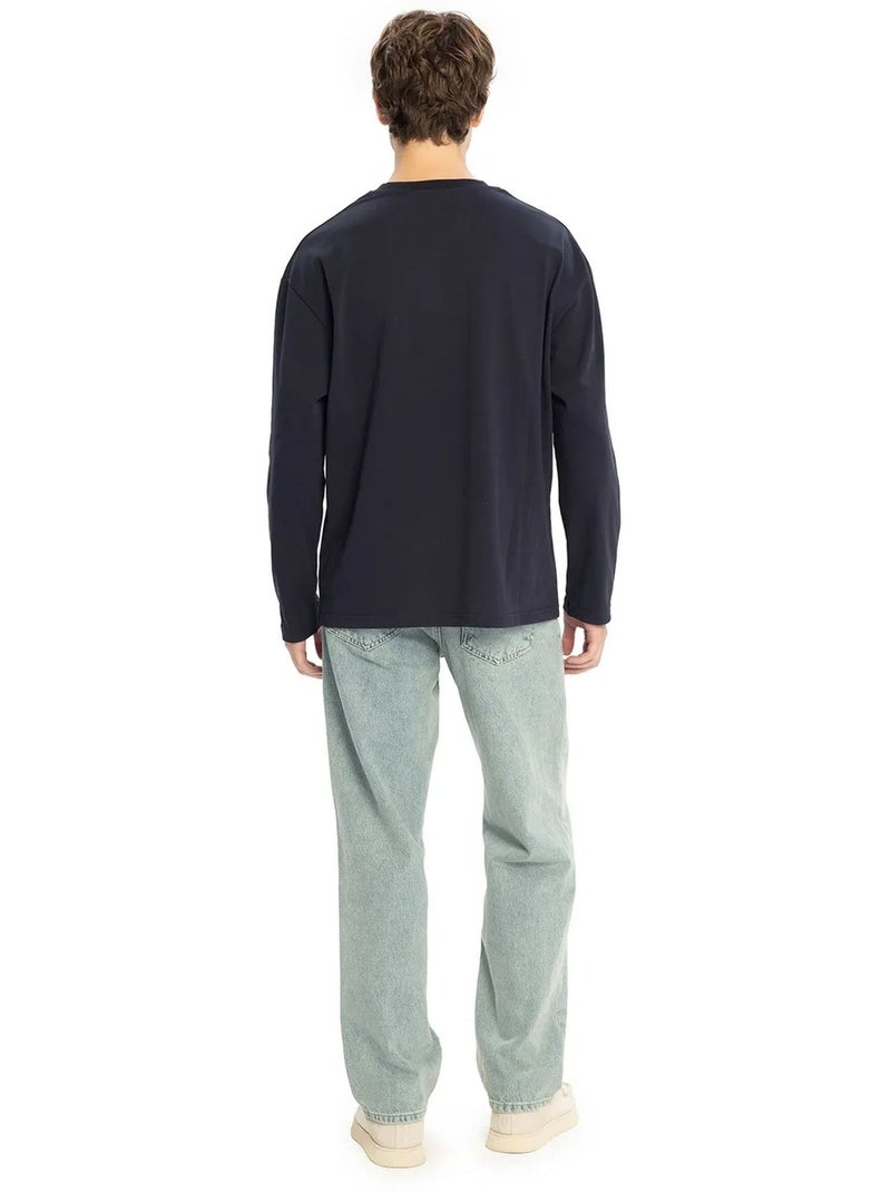 T-shirt col rond manches longues en coton giesto Bleu marine - Kiabi
