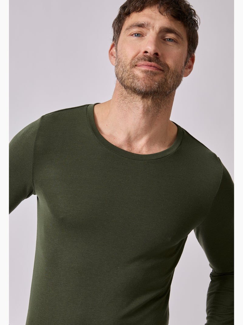 T-shirt col rond manches longues fine côte thermolactyl sensitive - damart Kaki - Kiabi