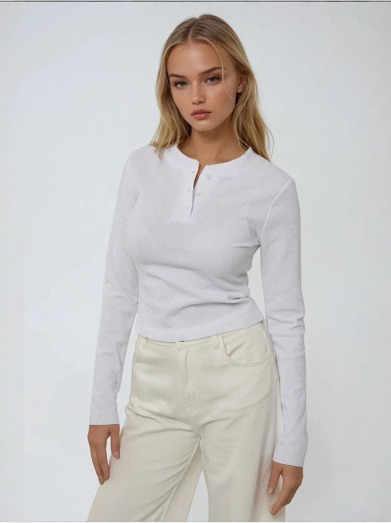T-shirt col rond manches longues Wffle Blanc - Kiabi