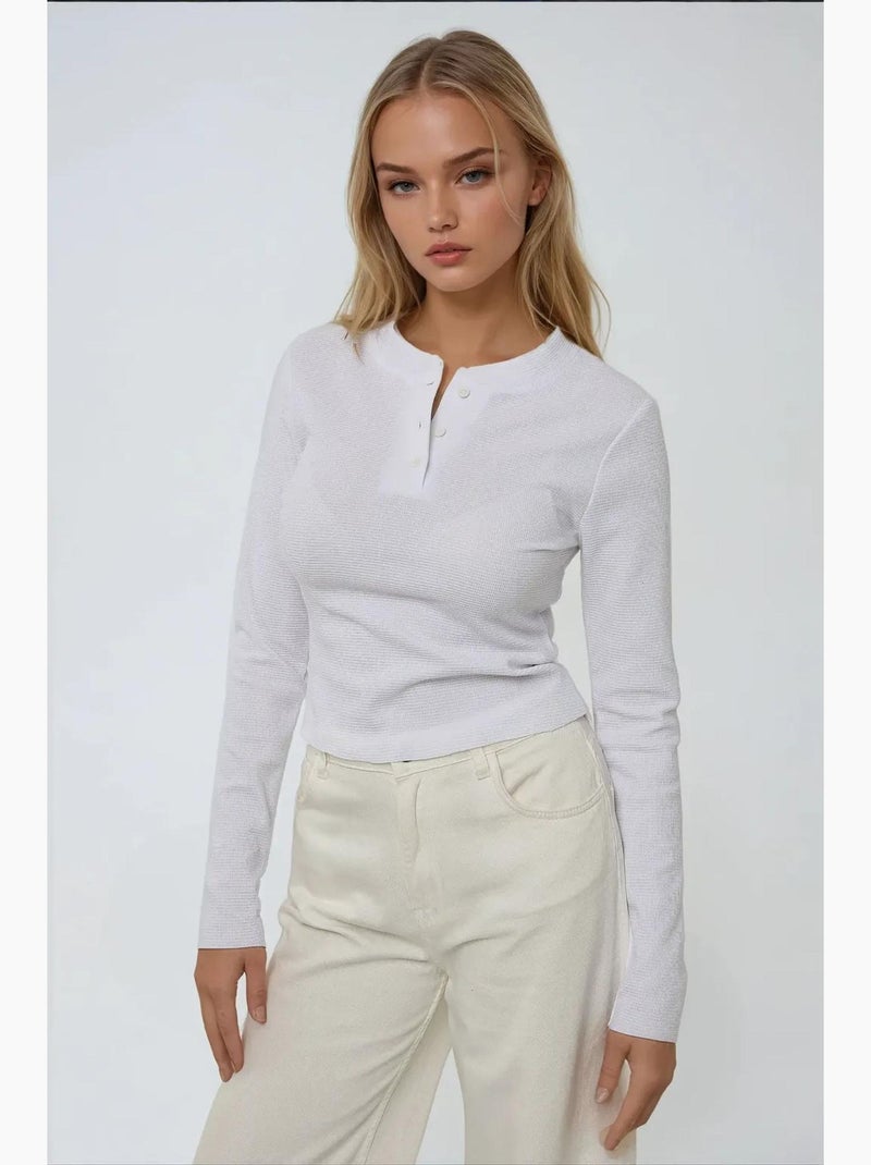 T-shirt col rond manches longues wffle hiccup Blanc - Kiabi