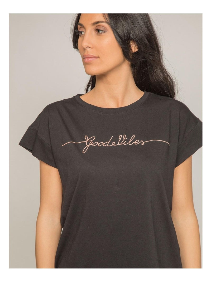 T-shirt col rond message FIBES Noir - Kiabi