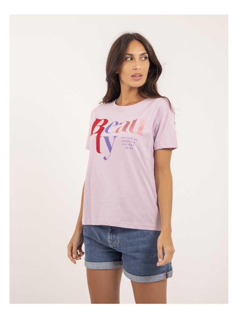 T-shirt col rond message FIGUIER Violet clair - Kiabi