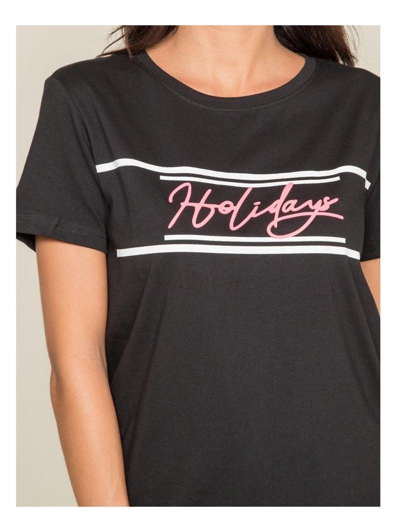 T-shirt col rond message FOLIDAY Noir - Kiabi