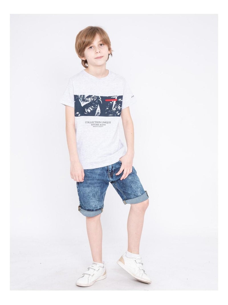 T-shirt col rond motifs NADIMO garçon Gris clair - Kiabi