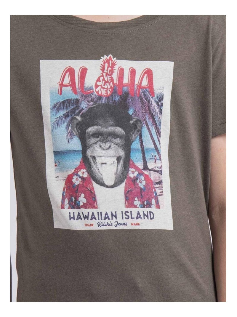 T-shirt col rond NIPAGOLO garçon Kaki - Kiabi
