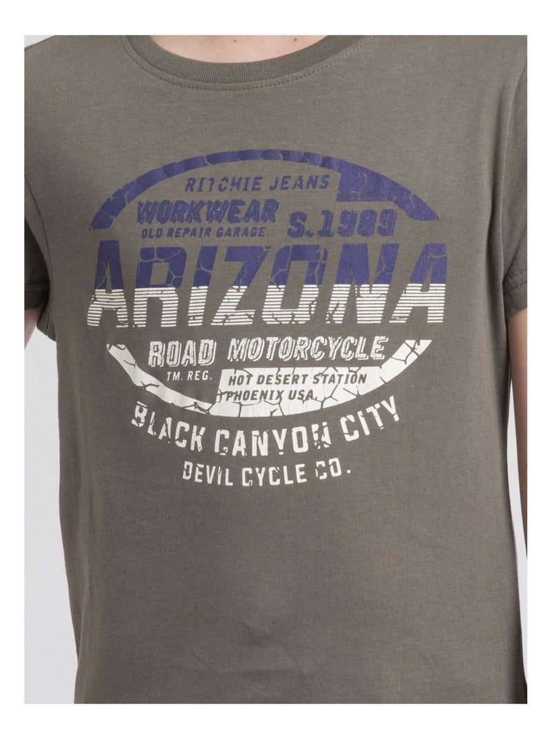 T-shirt col rond pur coton JACRAIG garçon Kaki - Kiabi