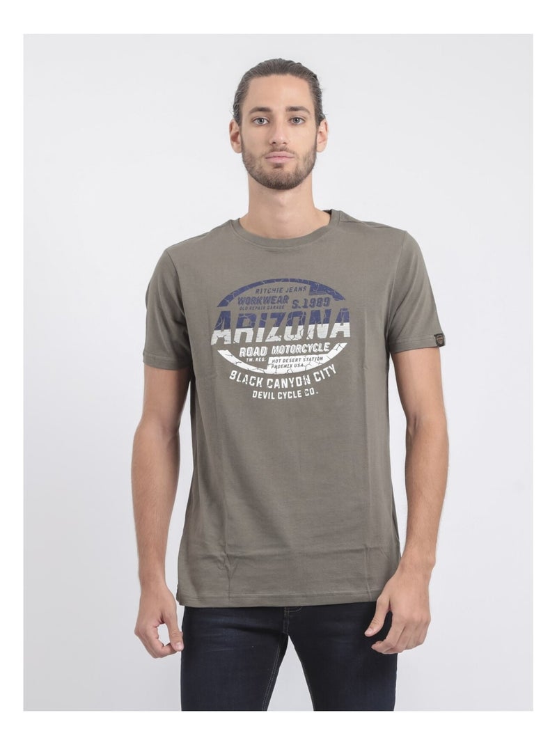 T-shirt col rond pur coton JACRAIG Kaki - Kiabi