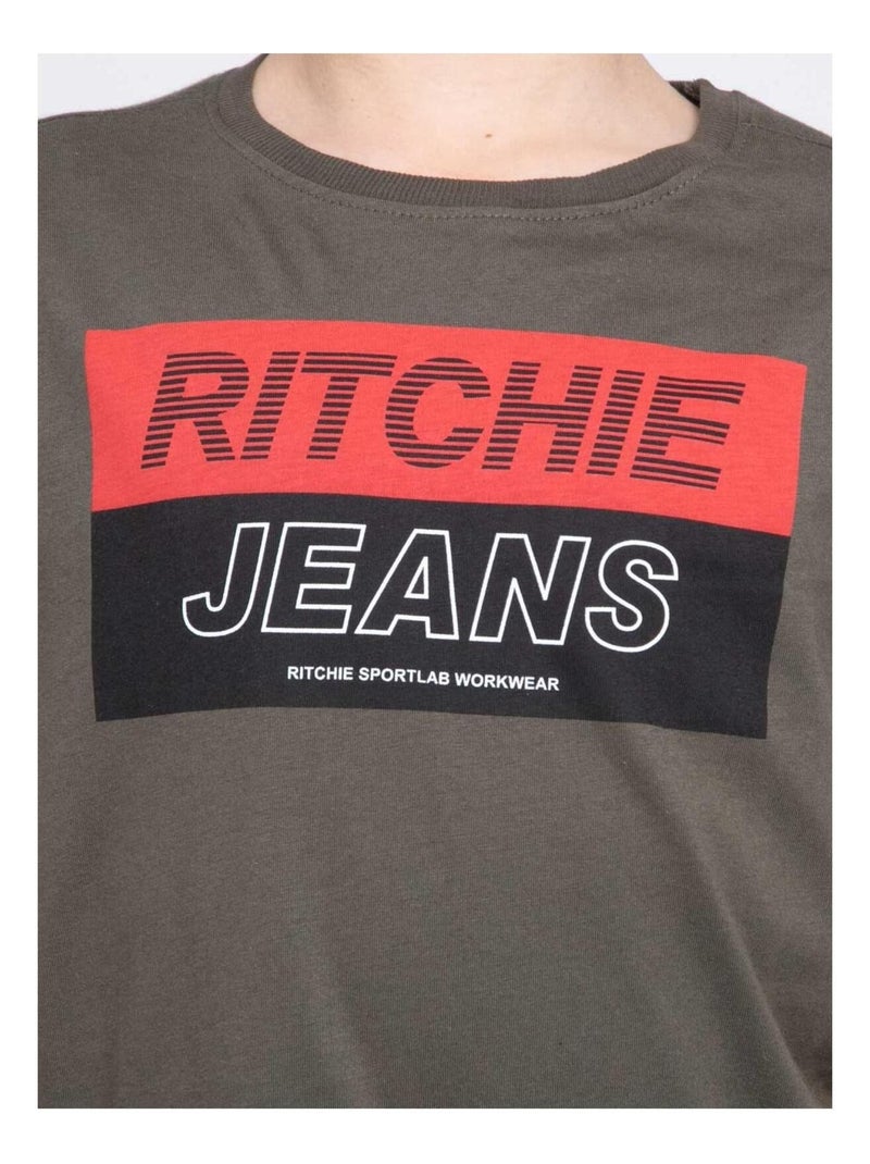 T-shirt col rond pur coton JADAMIX garçon Kaki - Kiabi