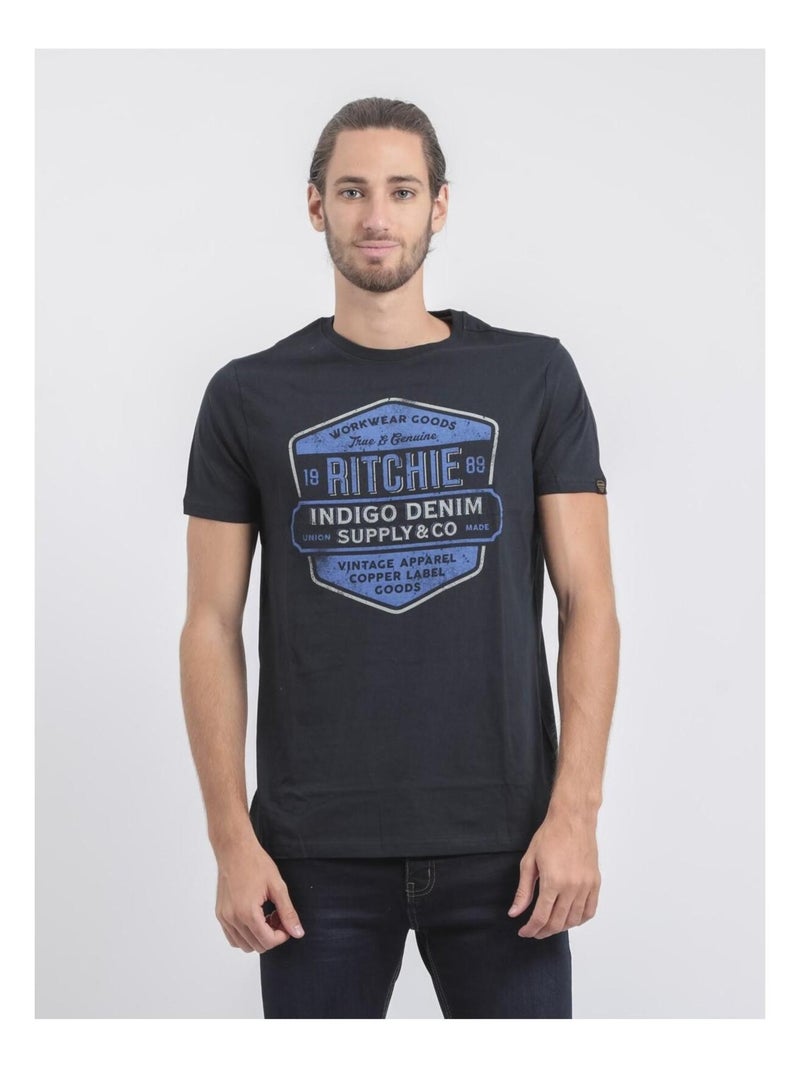 T-shirt col rond pur coton JAGNY Bleu marine - Kiabi