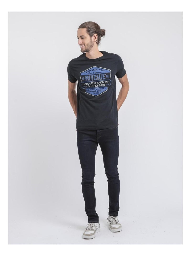 T-shirt col rond pur coton JAGNY Bleu marine - Kiabi