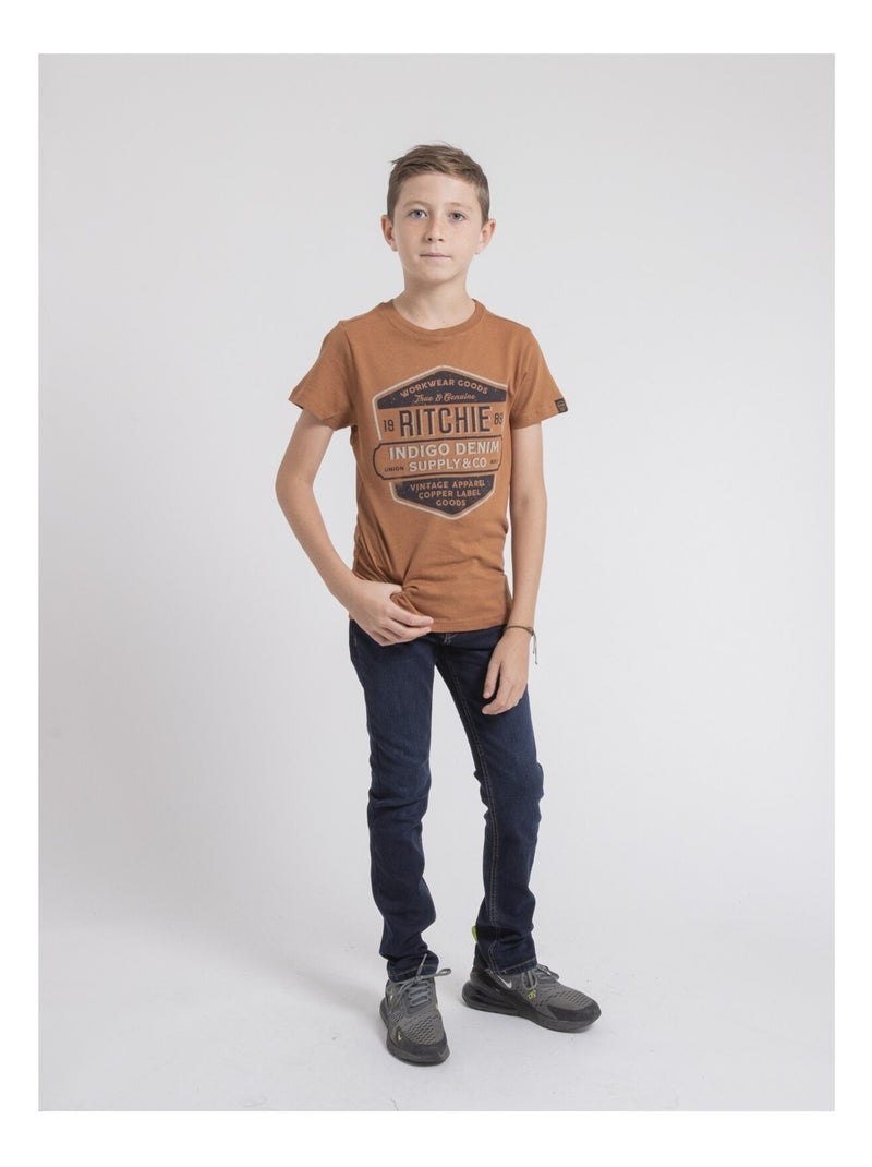 T-shirt col rond pur coton JAGNY garçon Marron glacé - Kiabi
