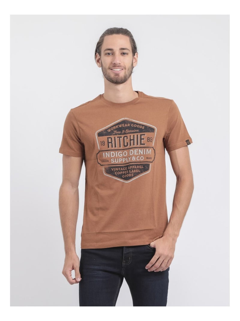 T-shirt col rond pur coton JAGNY Marron glacé - Kiabi