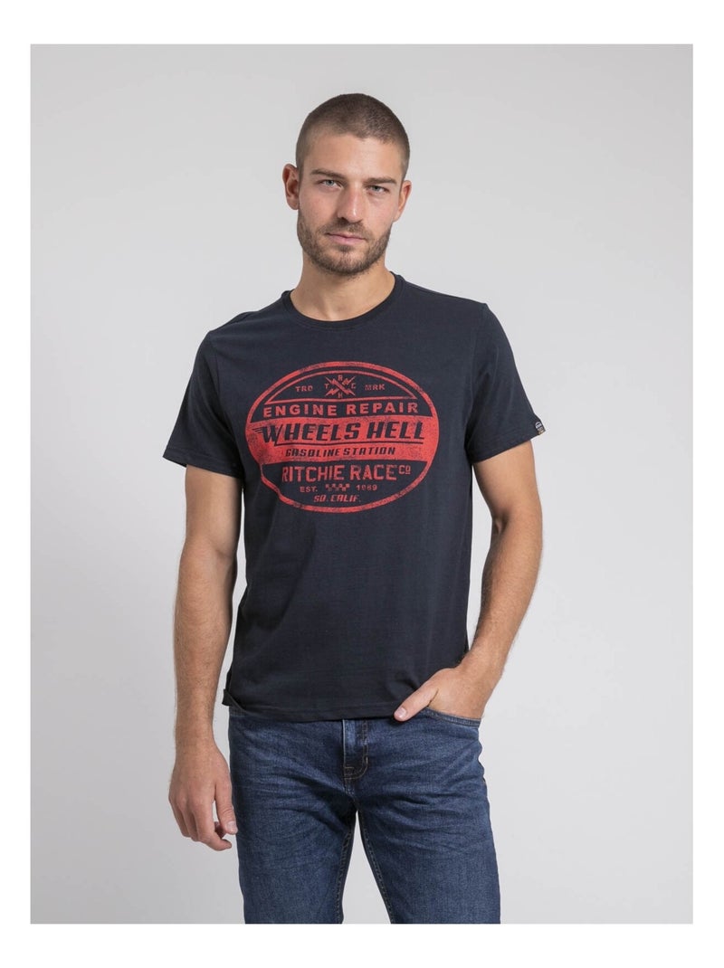 T-shirt col rond pur coton JAKOTA Bleu marine - Kiabi