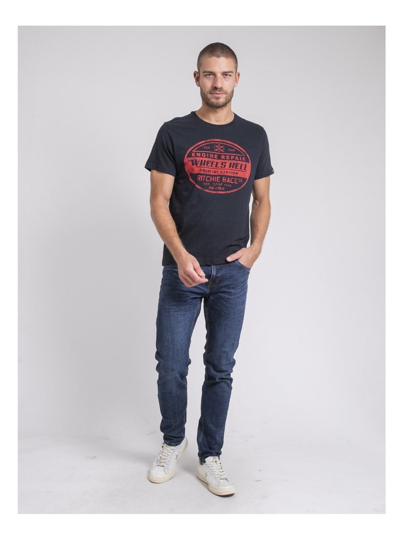 T-shirt col rond pur coton JAKOTA Bleu marine - Kiabi