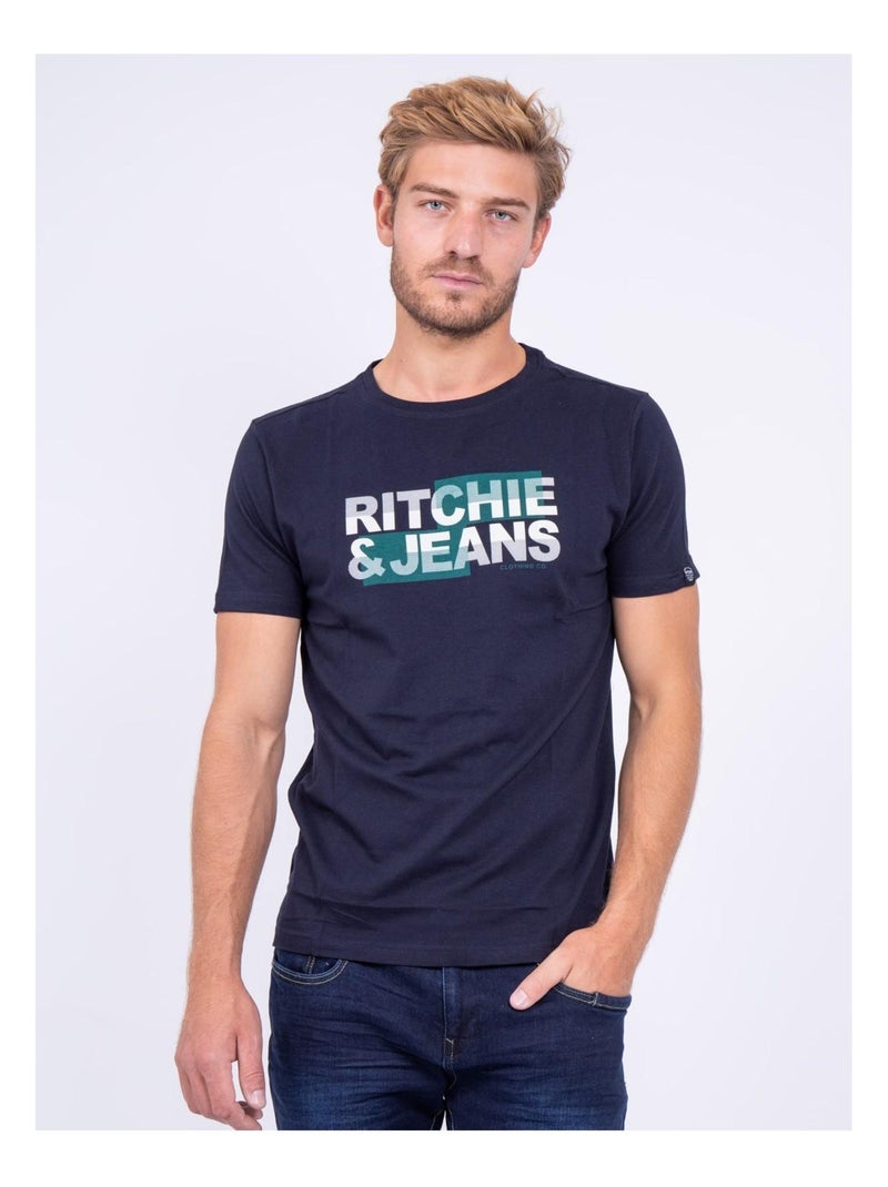 T-shirt col rond pur coton JALTAZAR Bleu marine - Kiabi