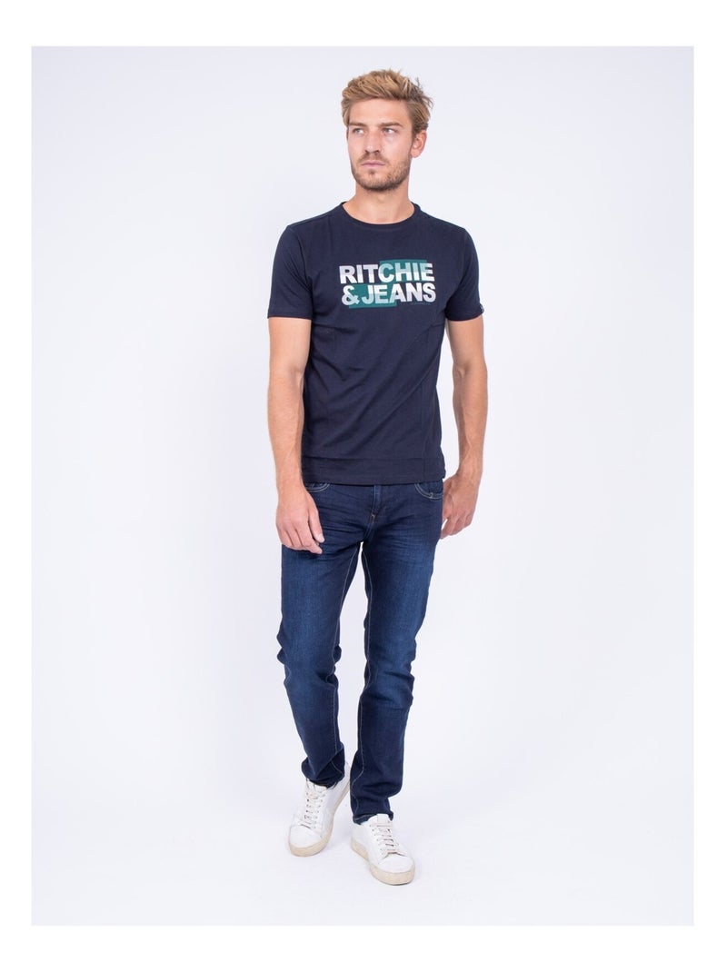 T-shirt col rond pur coton JALTAZAR Bleu marine - Kiabi