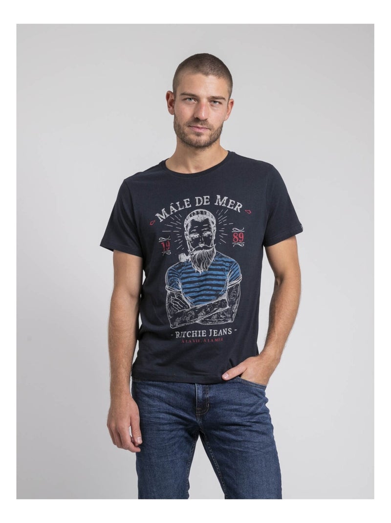T-shirt col rond pur coton JAMEKONG Bleu marine - Kiabi
