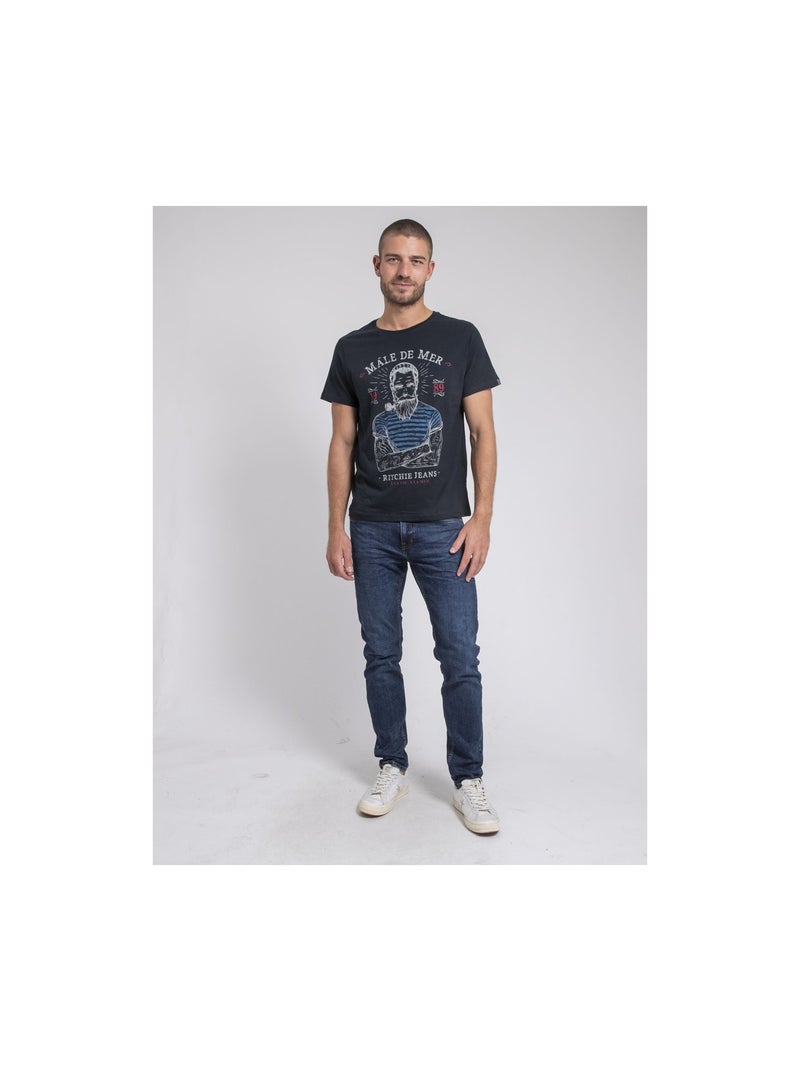 T-shirt col rond pur coton JAMEKONG Bleu marine - Kiabi