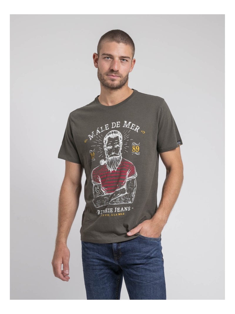 T-shirt col rond pur coton JAMEKONG Kaki - Kiabi