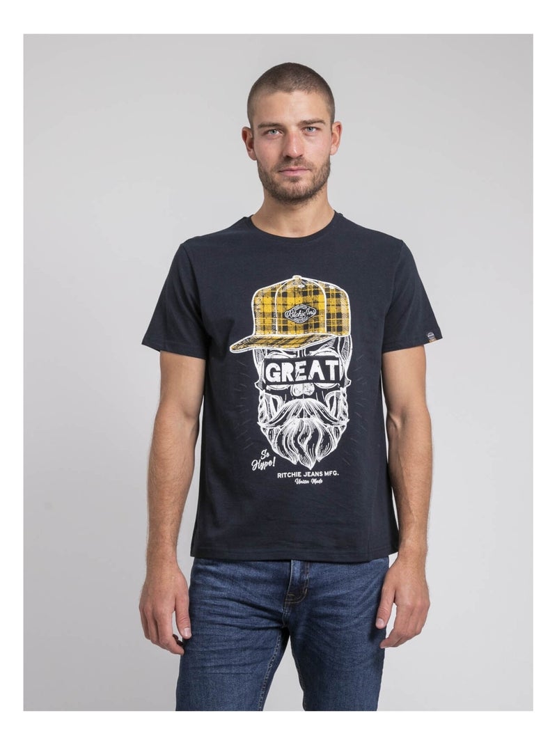T-shirt col rond pur coton JAMYTH Bleu marine - Kiabi