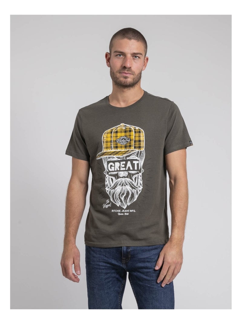 T-shirt col rond pur coton JAMYTH Kaki - Kiabi