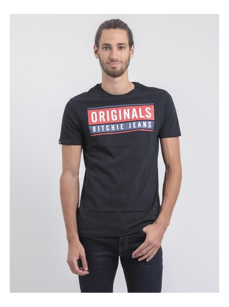 T-shirt col rond pur coton JANVILLE Bleu marine - Kiabi