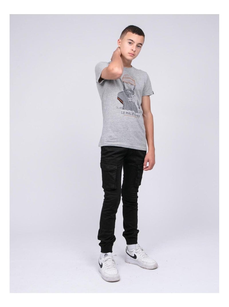 T-shirt col rond pur coton JAPING garçon Gris chiné - Kiabi