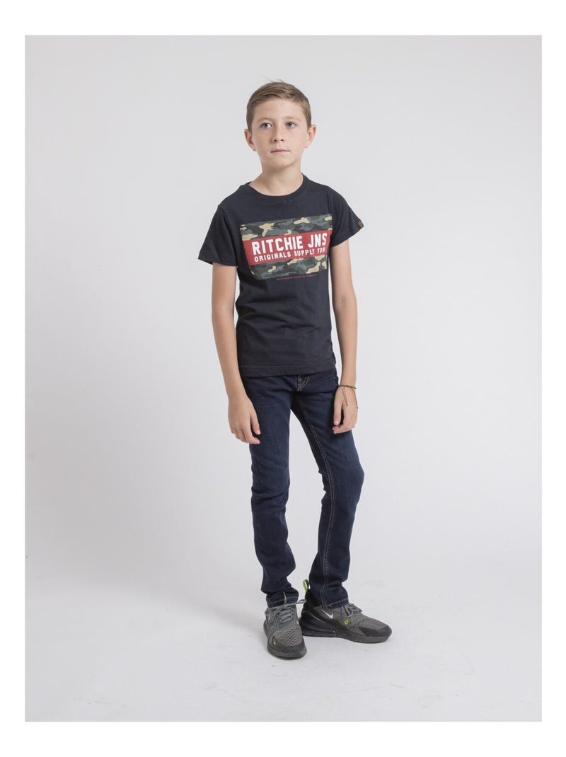 T-shirt col rond pur coton JARDIN garçon Bleu marine - Kiabi