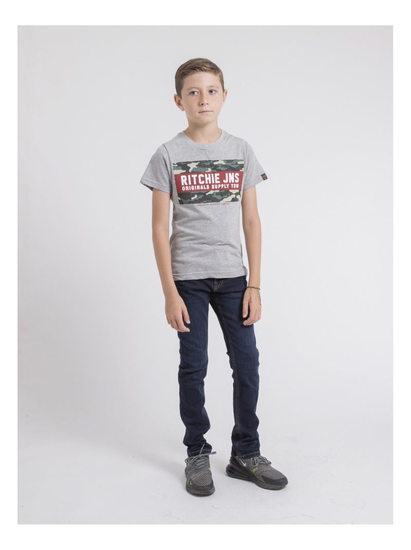 T-shirt col rond pur coton JARDIN garçon Gris - Kiabi
