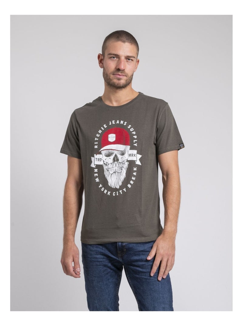 T-shirt col rond pur coton JIMINAL Kaki - Kiabi