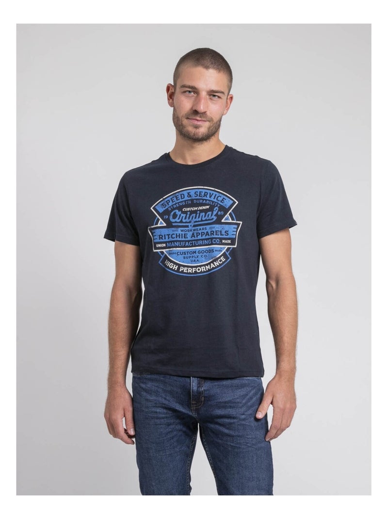 T-shirt col rond pur coton JIROBIN Bleu marine - Kiabi