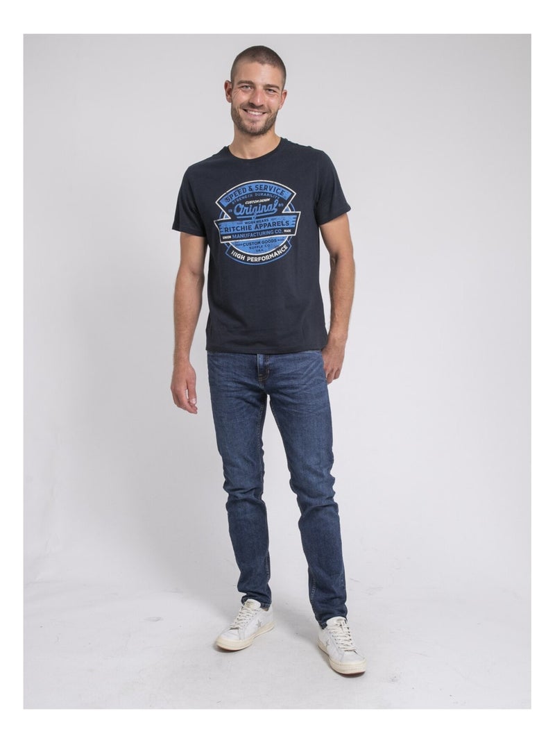 T-shirt col rond pur coton JIROBIN Bleu marine - Kiabi