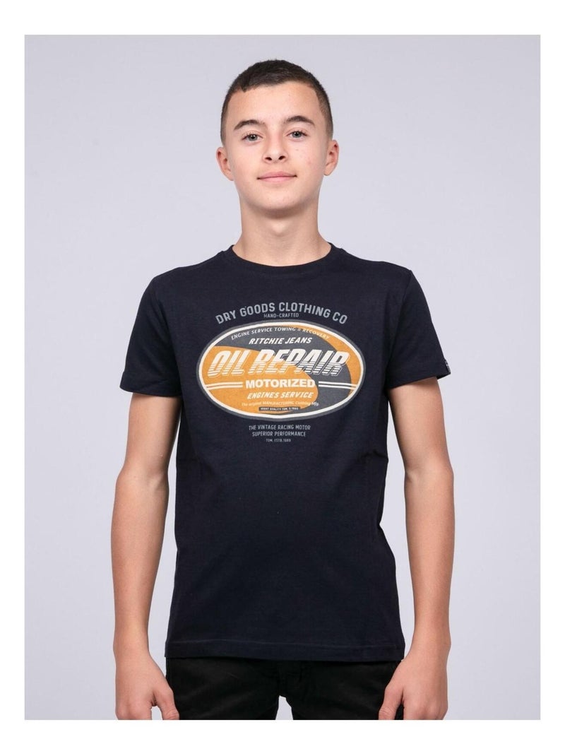 T-shirt col rond pur coton JOCTURNE-J Bleu marine - Kiabi