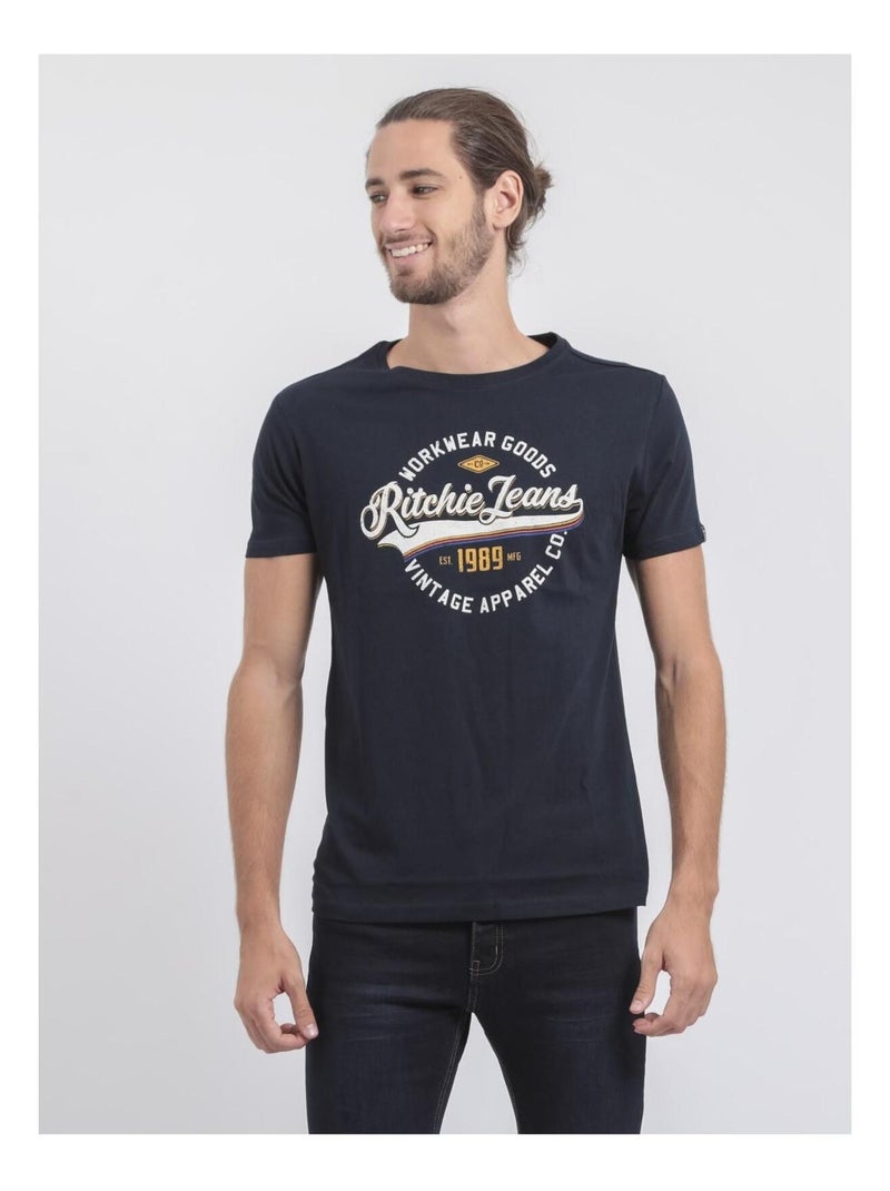 T-shirt col rond pur coton JONAK Bleu marine - Kiabi
