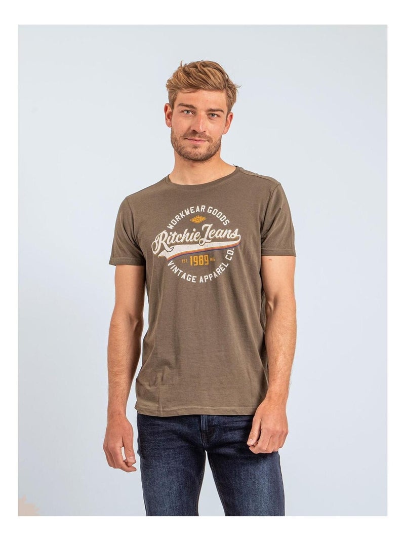 T-shirt col rond pur coton JONAK Kaki - Kiabi