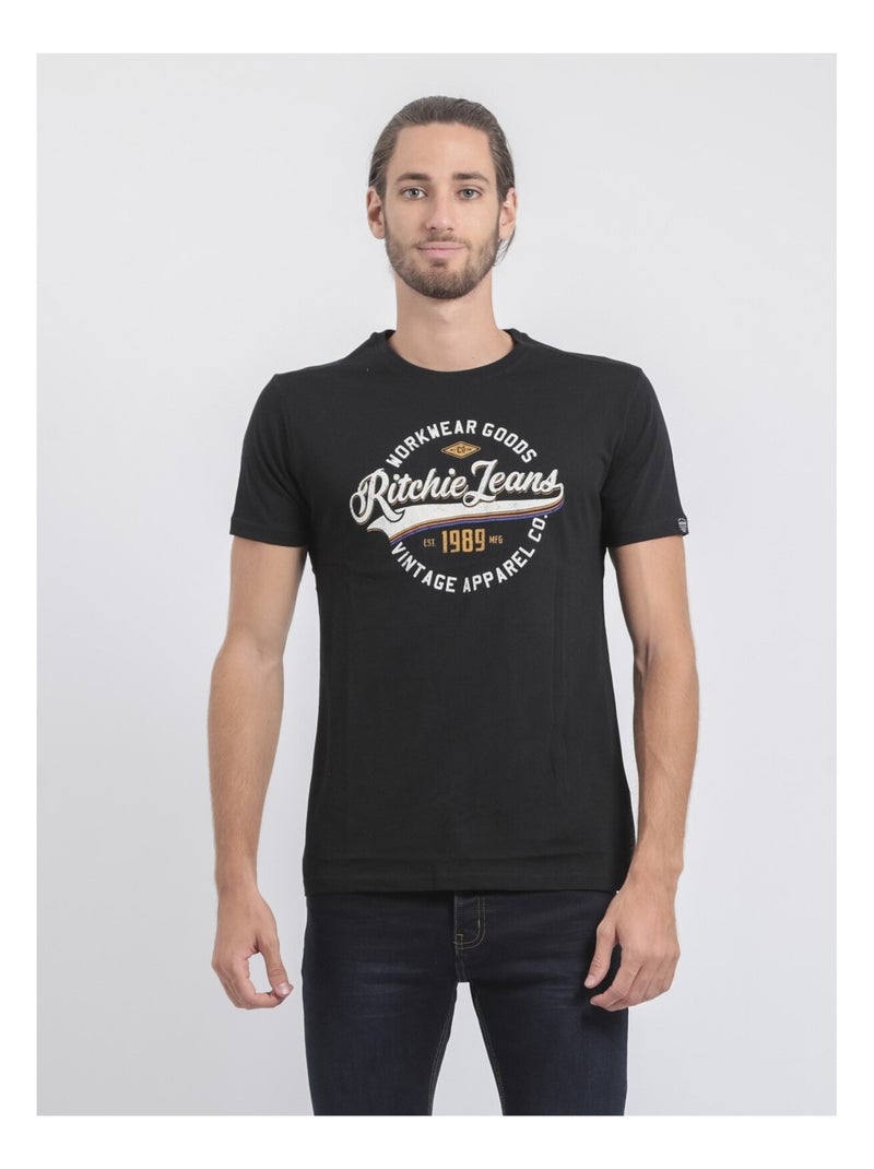 T-shirt col rond pur coton JONAK Noir - Kiabi