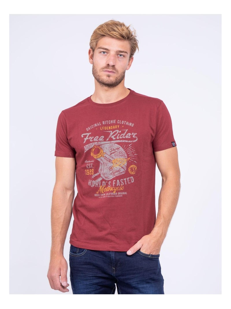 T-shirt col rond pur coton JORDY Bordeaux - Kiabi