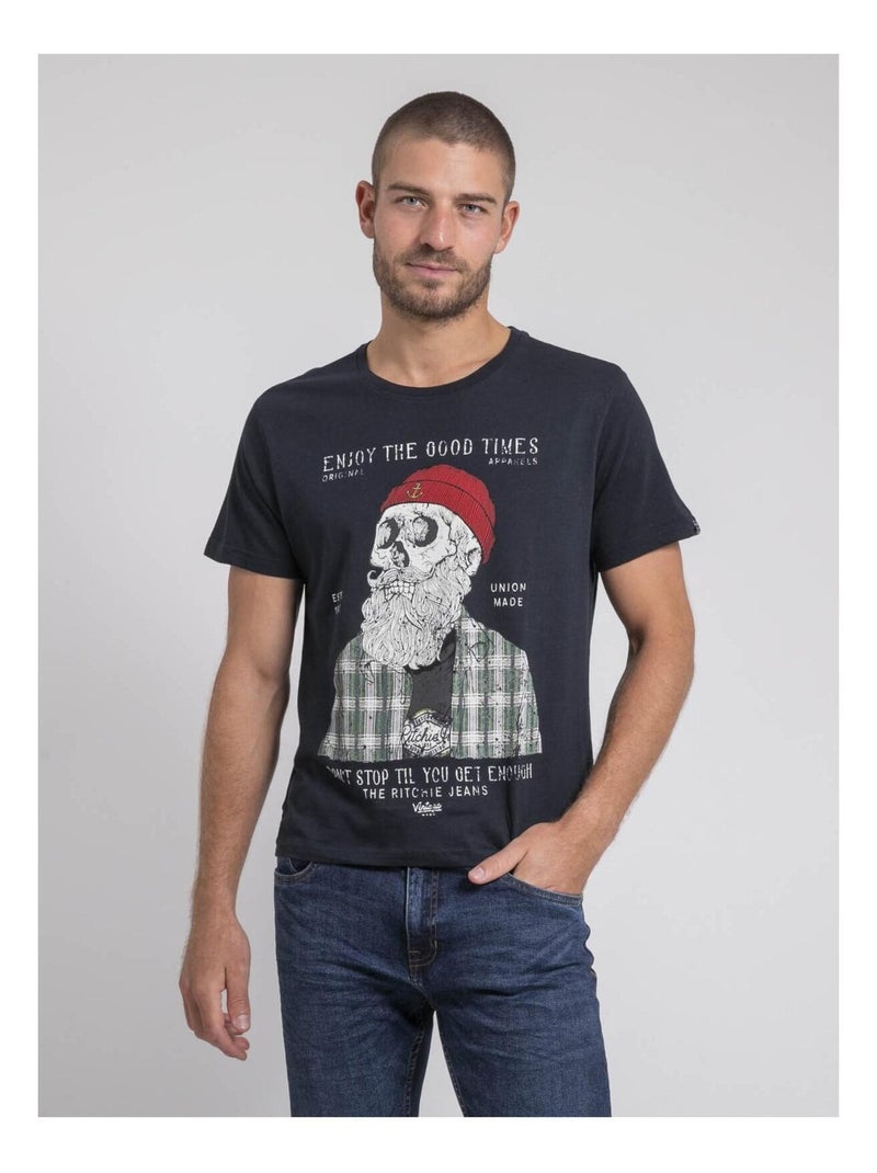 T-shirt col rond pur coton JORUSTIX Bleu marine - Kiabi