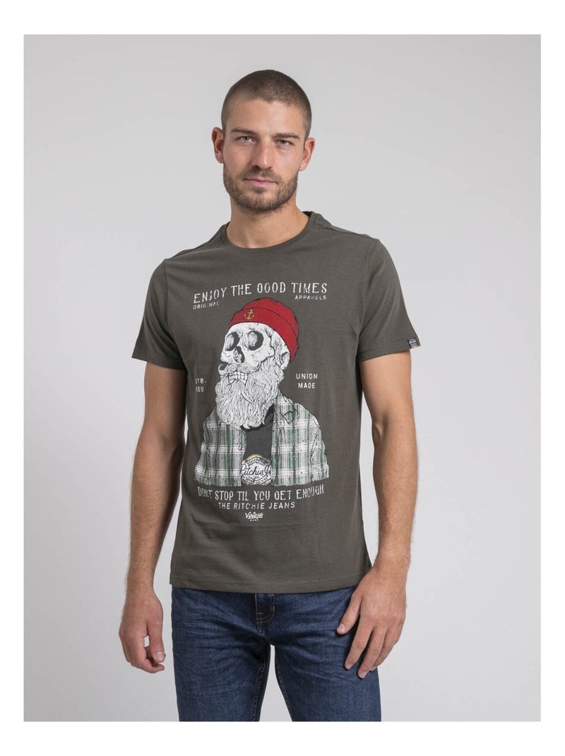 T-shirt col rond pur coton JORUSTIX Kaki - Kiabi