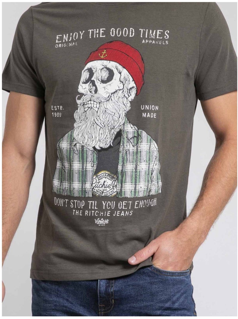 T-shirt col rond pur coton JORUSTIX Kaki - Kiabi