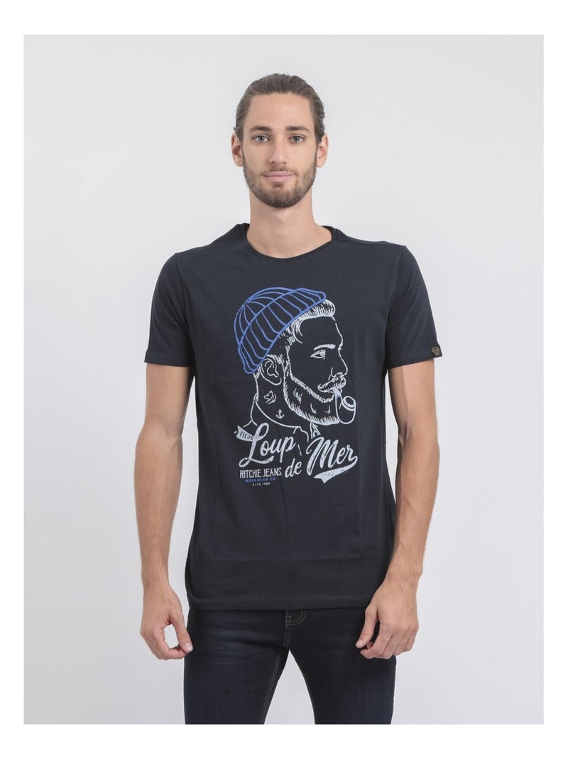 T-shirt col rond pur coton JOUANCY Bleu marine - Kiabi