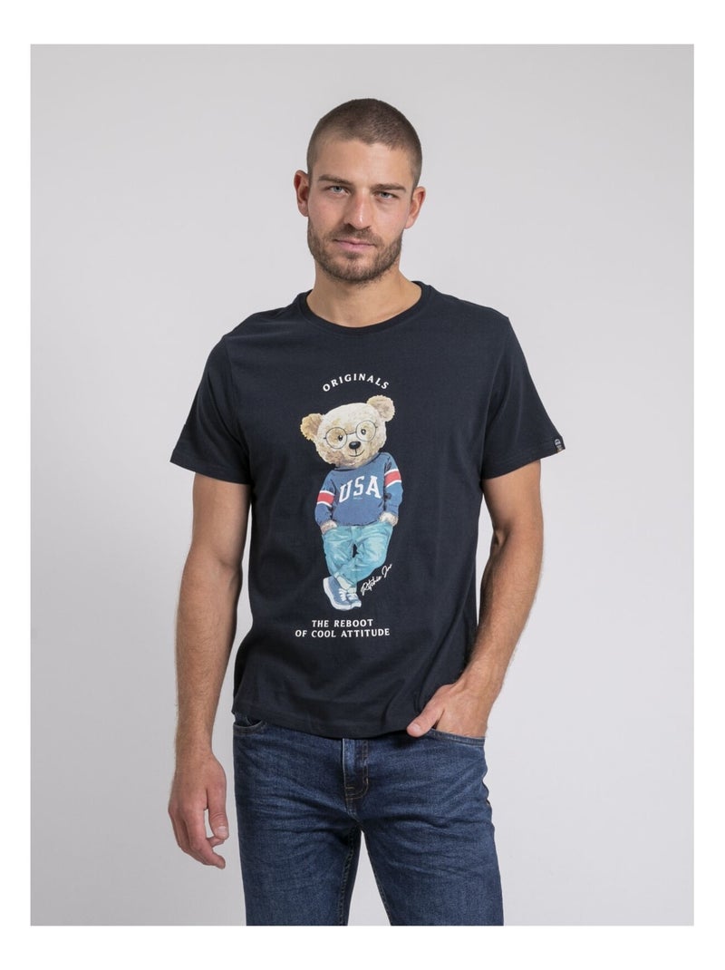 T-shirt col rond pur coton JOULIO Bleu marine - Kiabi
