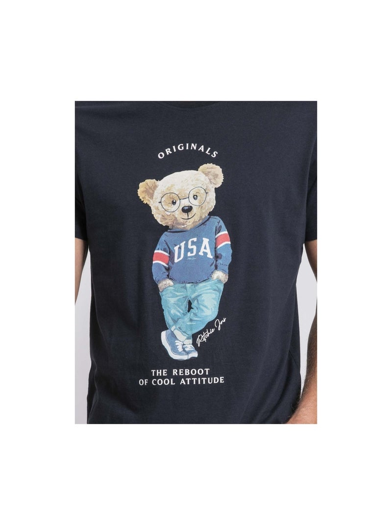 T-shirt col rond pur coton JOULIO Bleu marine - Kiabi