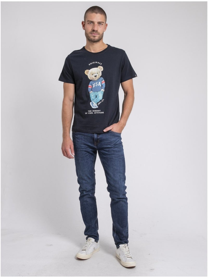 T-shirt col rond pur coton JOULIO Bleu marine - Kiabi