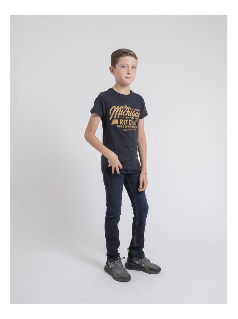 T-shirt col rond pur coton JOULTIX garçon Bleu marine - Kiabi