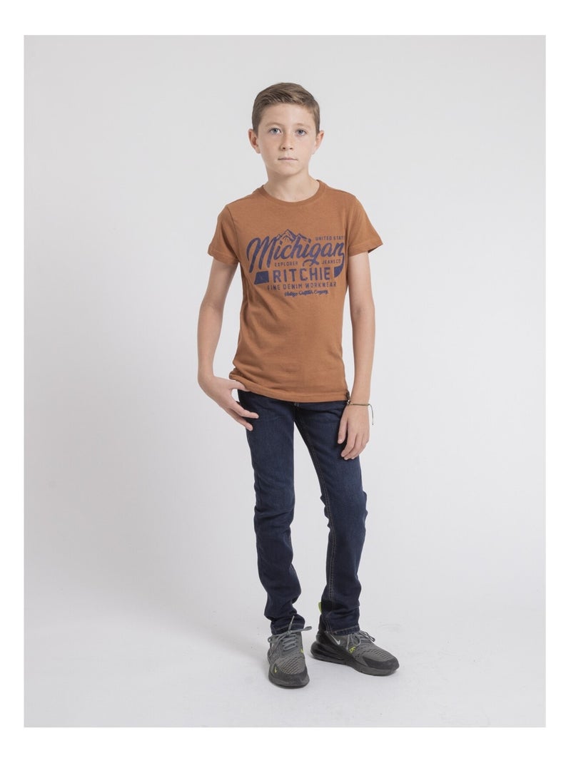 T-shirt col rond pur coton JOULTIX garçon Marron glacé - Kiabi