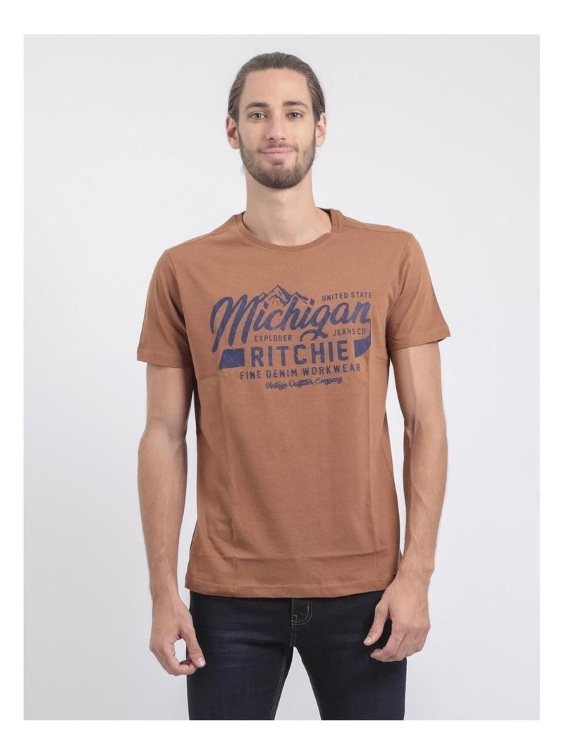T-shirt col rond pur coton JOULTIX Marron glacé - Kiabi